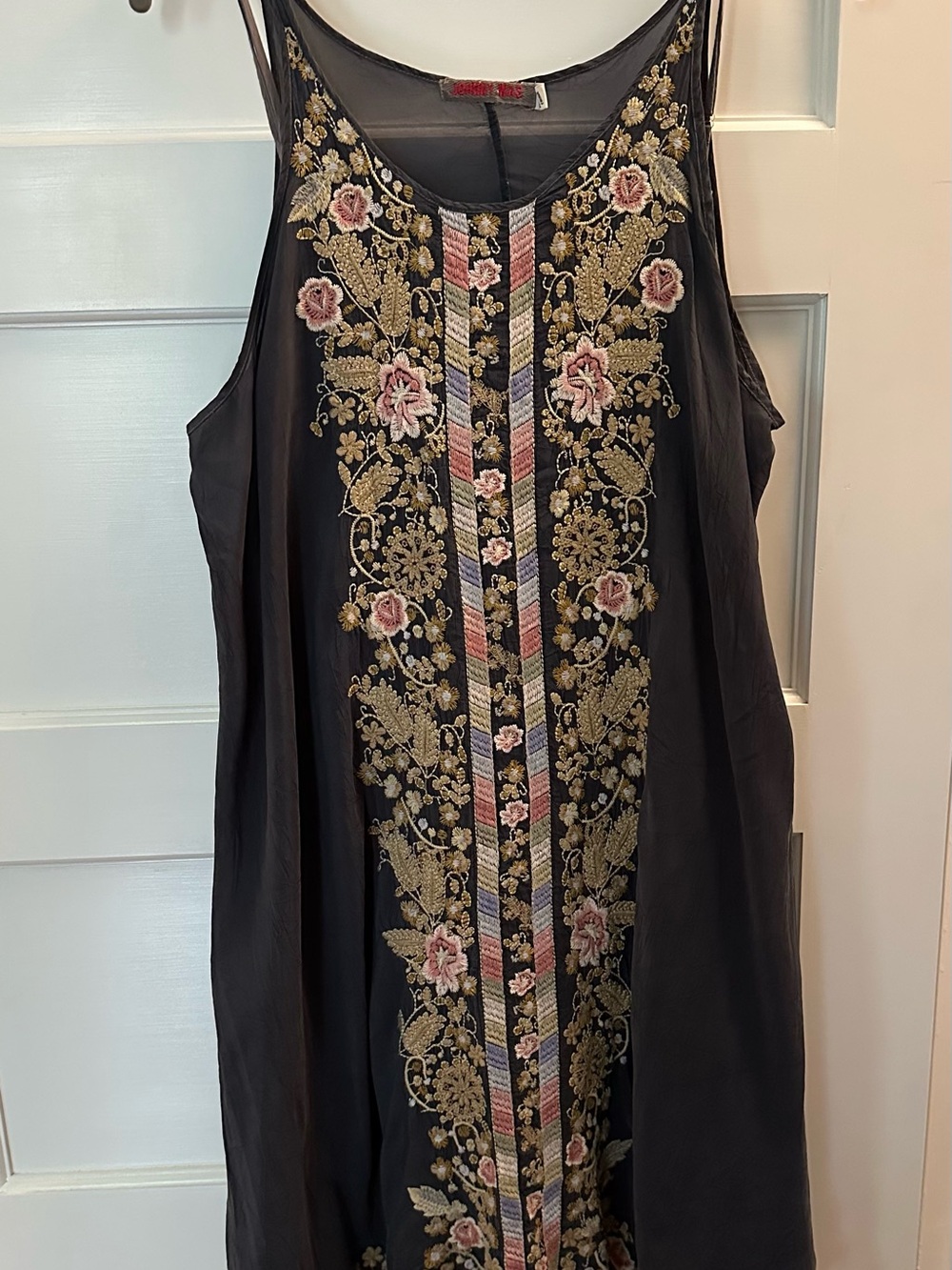 Johnny Was Black Midi Dress with Pink and Gold Embroidery
